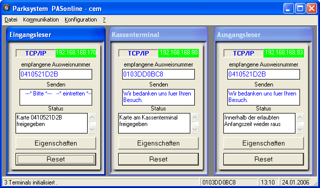 parking online parksystem - Hauptmaske mit den laufenden Terminals