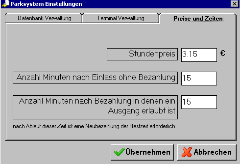 parking online - Festlegung der systemweit geltenden Preise und Zeiten